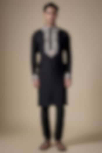 Black Art Silk Machine & Hand Embroidered Kurta Set by ALOUKIK at Pernia's Pop Up Shop