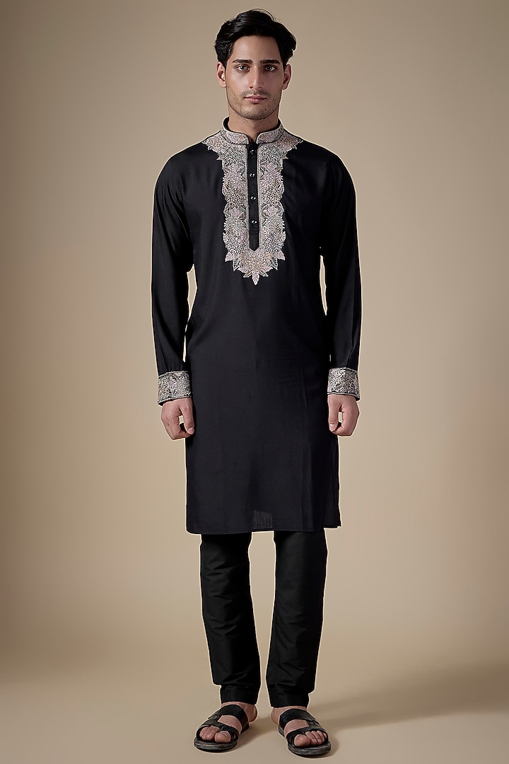 Black Art Silk Machine & Hand Embroidered Kurta Set by ALOUKIK at Pernia's Pop Up Shop