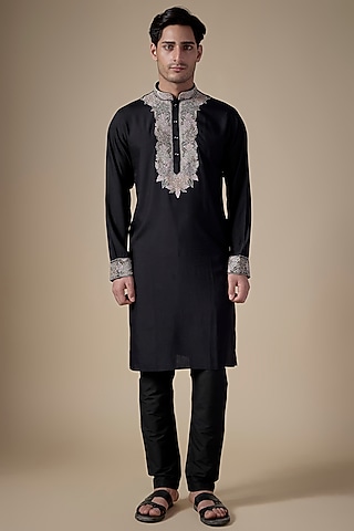 Black Art Silk Machine & Hand Embroidered Kurta Set by ALOUKIK