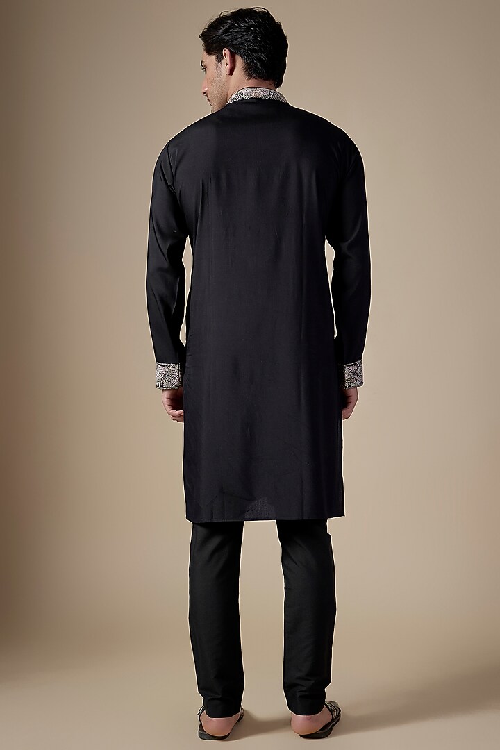 Black Art Silk Machine & Hand Embroidered Kurta Set by ALOUKIK at Pernia's Pop Up Shop
