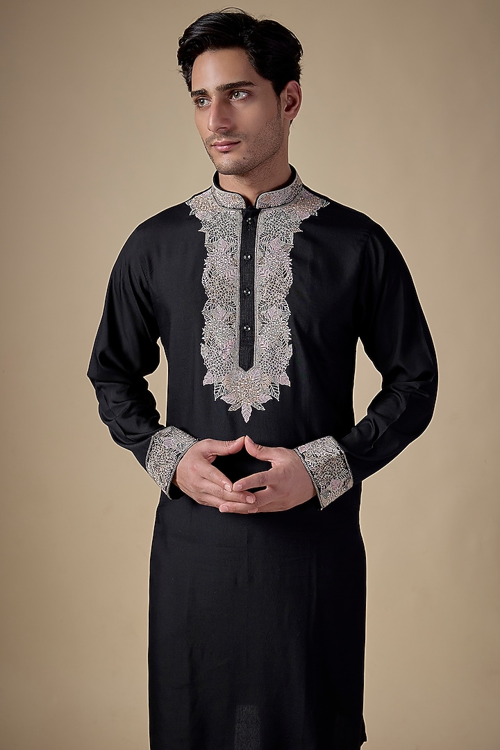 Black Art Silk Machine & Hand Embroidered Kurta Set by ALOUKIK at Pernia's Pop Up Shop