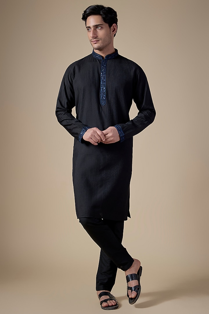 Black Art Silk Machine & Hand Embroidered Kurta Set by ALOUKIK at Pernia's Pop Up Shop