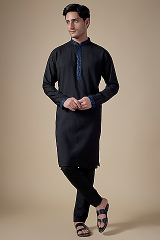 Black Art Silk Machine & Hand Embroidered Kurta Set by ALOUKIK