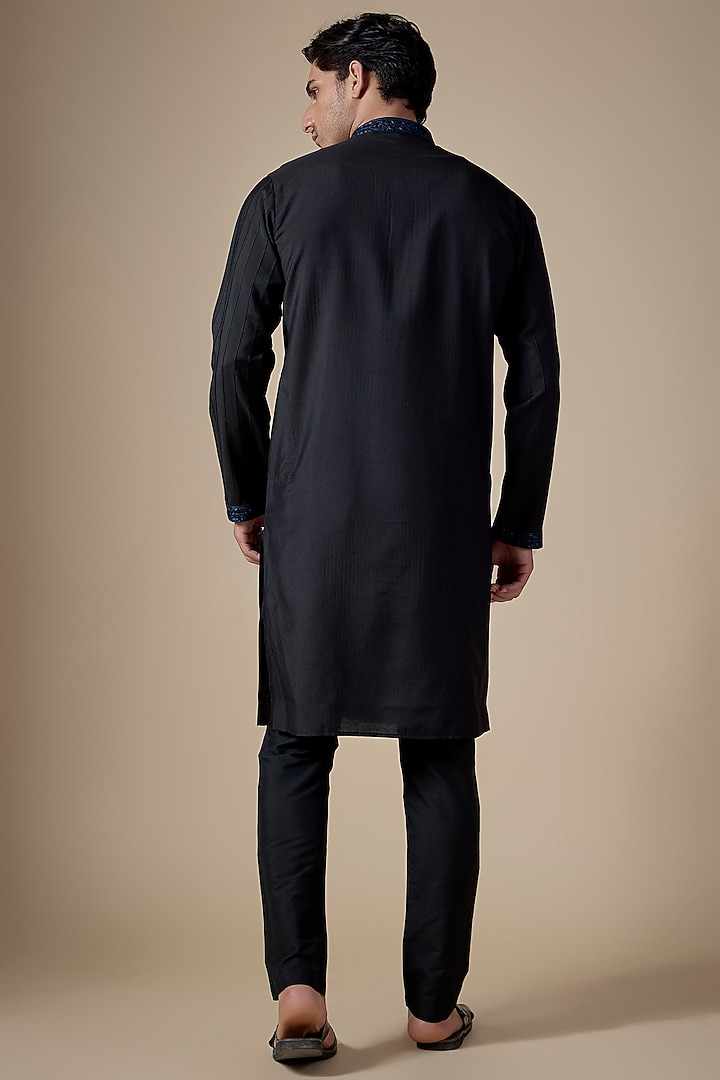 Black Art Silk Machine & Hand Embroidered Kurta Set by ALOUKIK at Pernia's Pop Up Shop