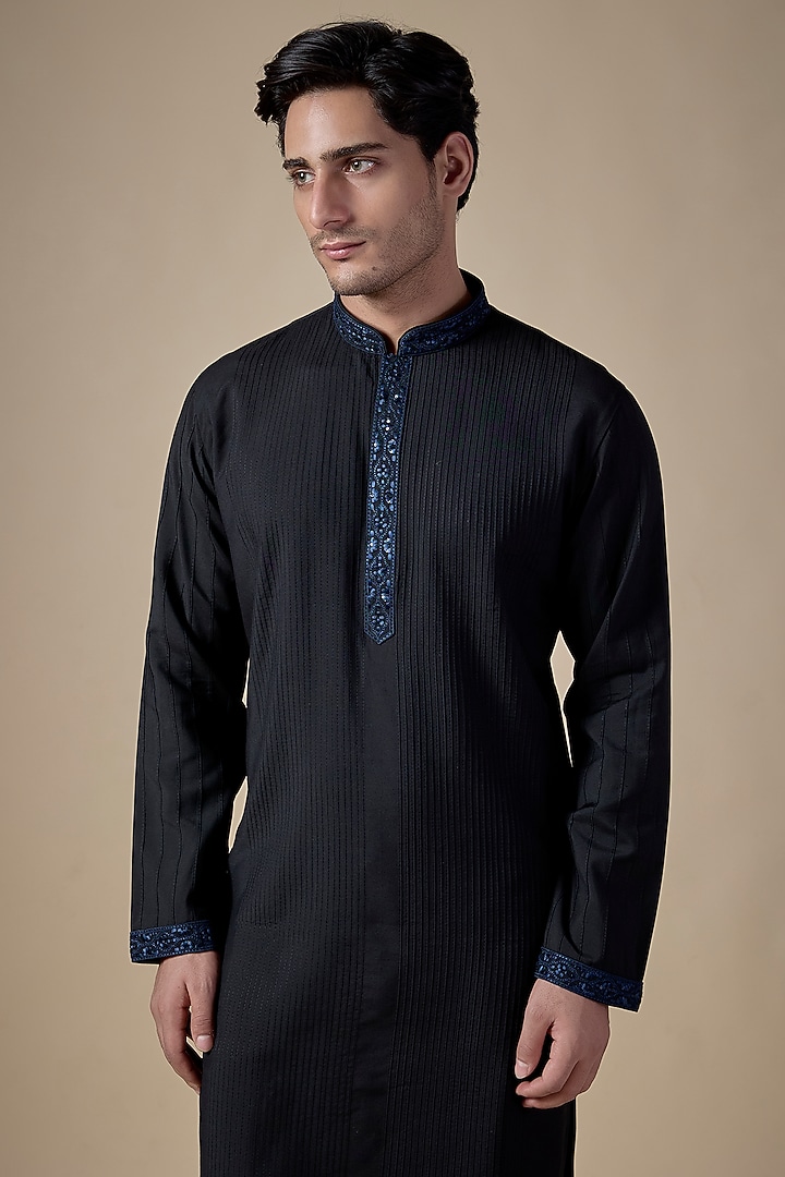 Black Art Silk Machine & Hand Embroidered Kurta Set by ALOUKIK at Pernia's Pop Up Shop