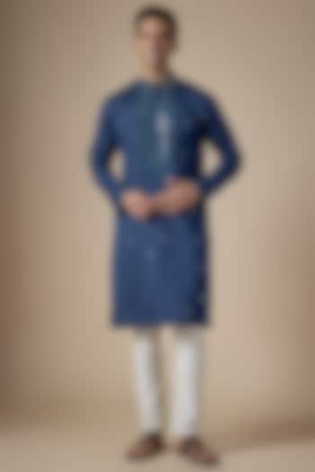 Navy Blue Art Silk Abla Work Kurta Set by ALOUKIK at Pernia's Pop Up Shop