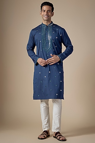 Navy Blue Art Silk Abla Work Kurta Set by ALOUKIK
