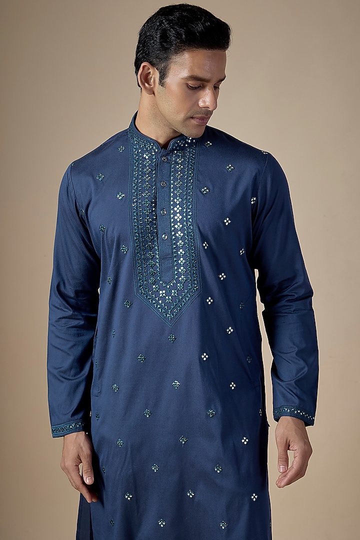 Navy Blue Art Silk Abla Work Kurta Set by ALOUKIK at Pernia's Pop Up Shop