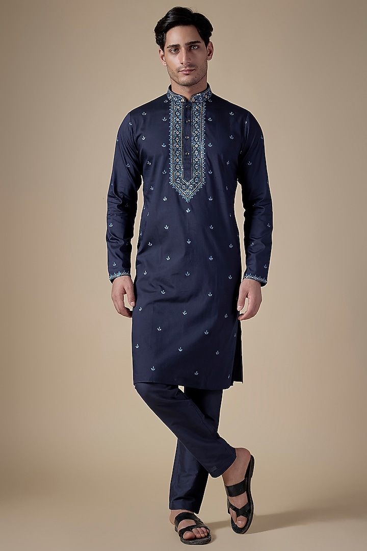 Navy Blue Art Silk Machine & Hand Embroidered Kurta Set by ALOUKIK at Pernia's Pop Up Shop