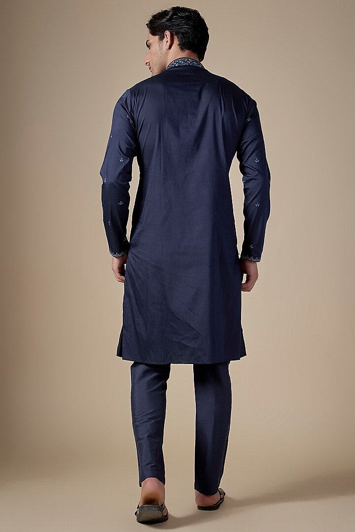 Navy Blue Art Silk Machine & Hand Embroidered Kurta Set by ALOUKIK at Pernia's Pop Up Shop
