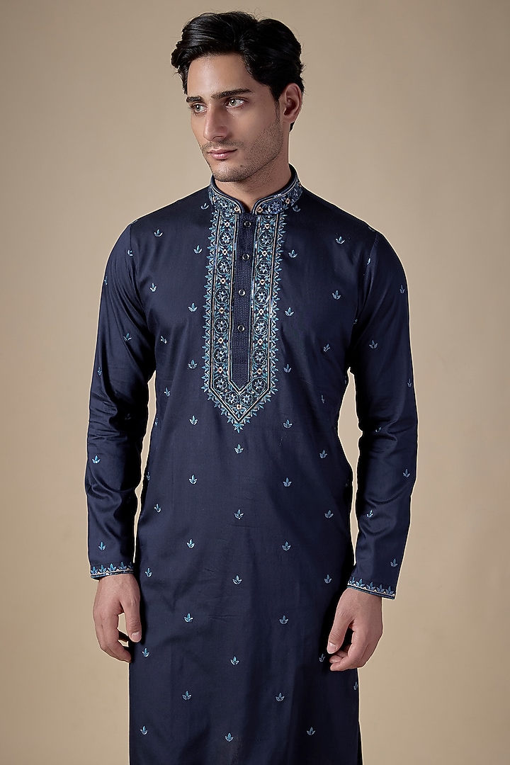 Navy Blue Art Silk Machine & Hand Embroidered Kurta Set by ALOUKIK at Pernia's Pop Up Shop