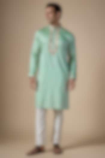 Mint Green Art Silk Machine & Hand Embroidered Kurta Set by ALOUKIK at Pernia's Pop Up Shop