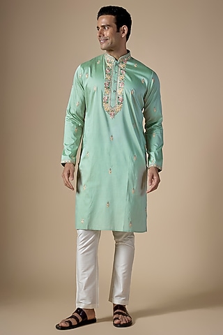 Mint Green Art Silk Machine & Hand Embroidered Kurta Set by ALOUKIK