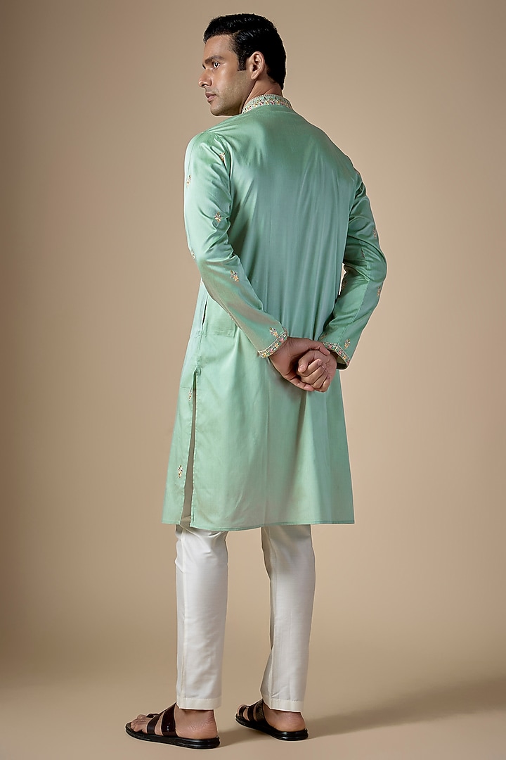 Mint Green Art Silk Machine & Hand Embroidered Kurta Set by ALOUKIK at Pernia's Pop Up Shop