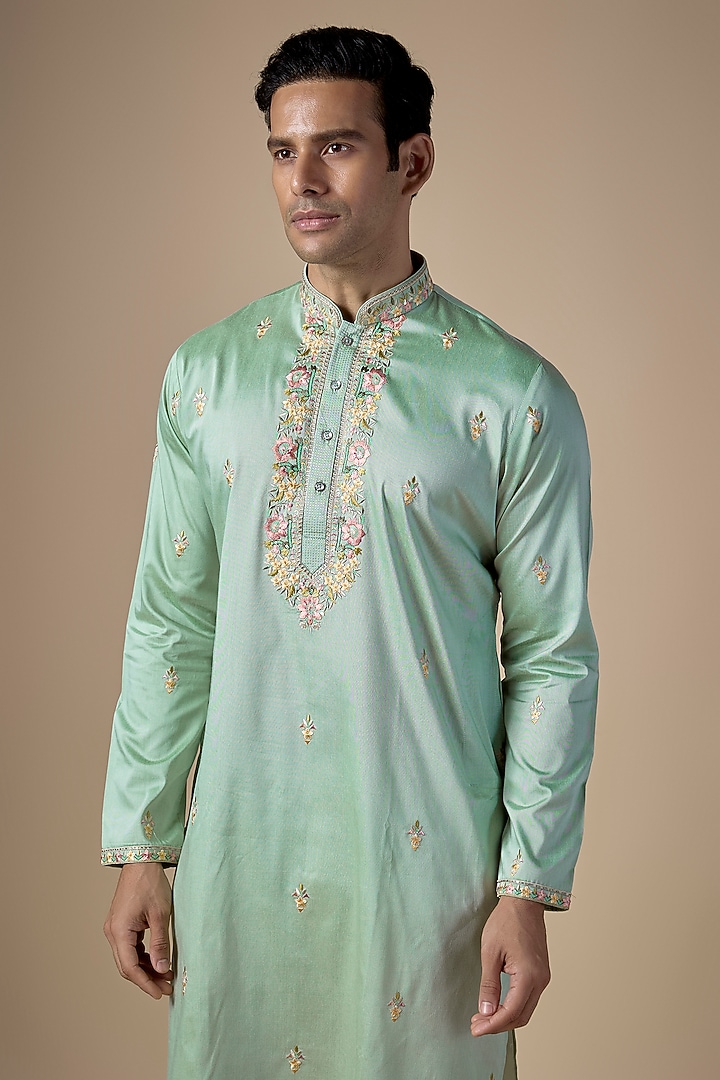Mint Green Art Silk Machine & Hand Embroidered Kurta Set by ALOUKIK at Pernia's Pop Up Shop