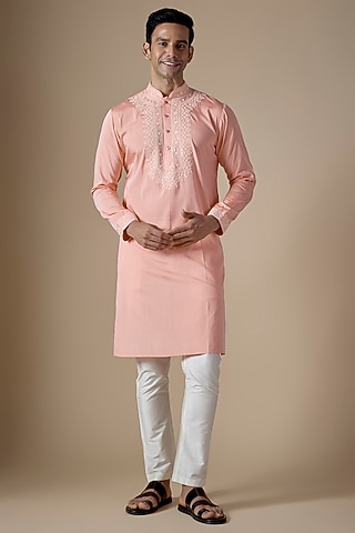 Peach Art Silk Dori Work Kurta Set by ALOUKIK