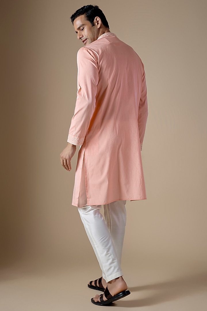 Peach Art Silk Dori Work Kurta Set by ALOUKIK at Pernia's Pop Up Shop