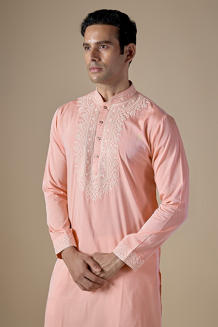 Peach Art Silk Dori Work Kurta Set by ALOUKIK at Pernia's Pop Up Shop