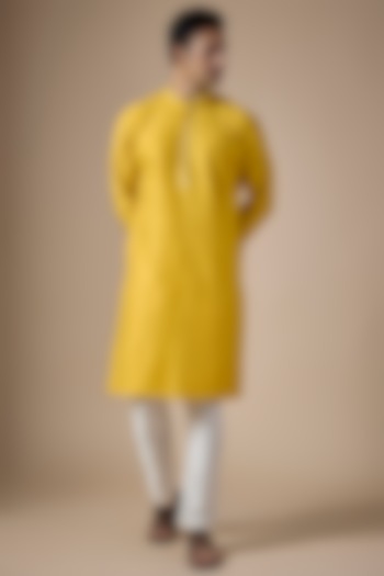 Yellow Art Silk Machine & Hand Embroidered Kurta Set by ALOUKIK at Pernia's Pop Up Shop