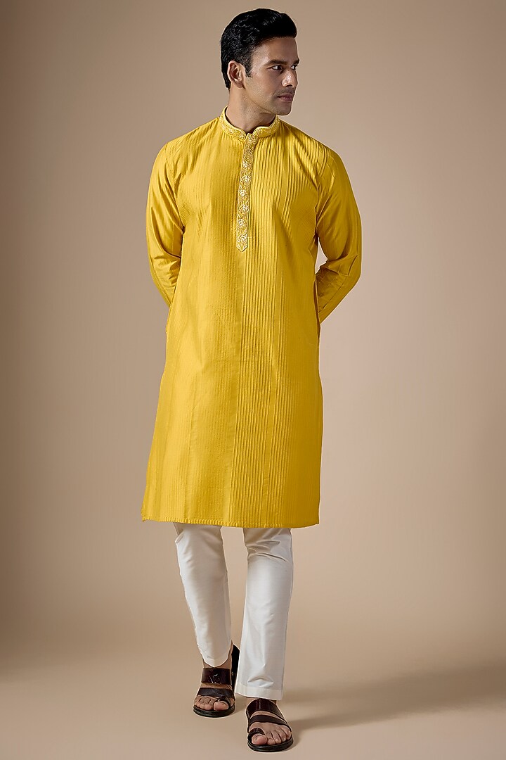 Yellow Art Silk Machine & Hand Embroidered Kurta Set by ALOUKIK at Pernia's Pop Up Shop