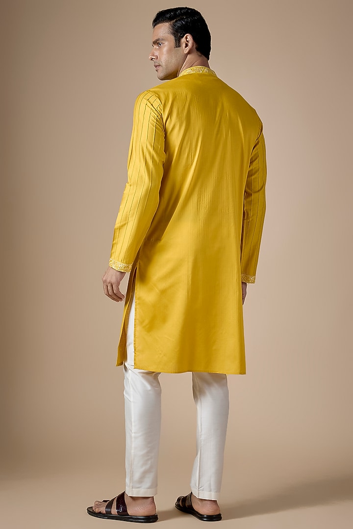 Yellow Art Silk Machine & Hand Embroidered Kurta Set by ALOUKIK at Pernia's Pop Up Shop