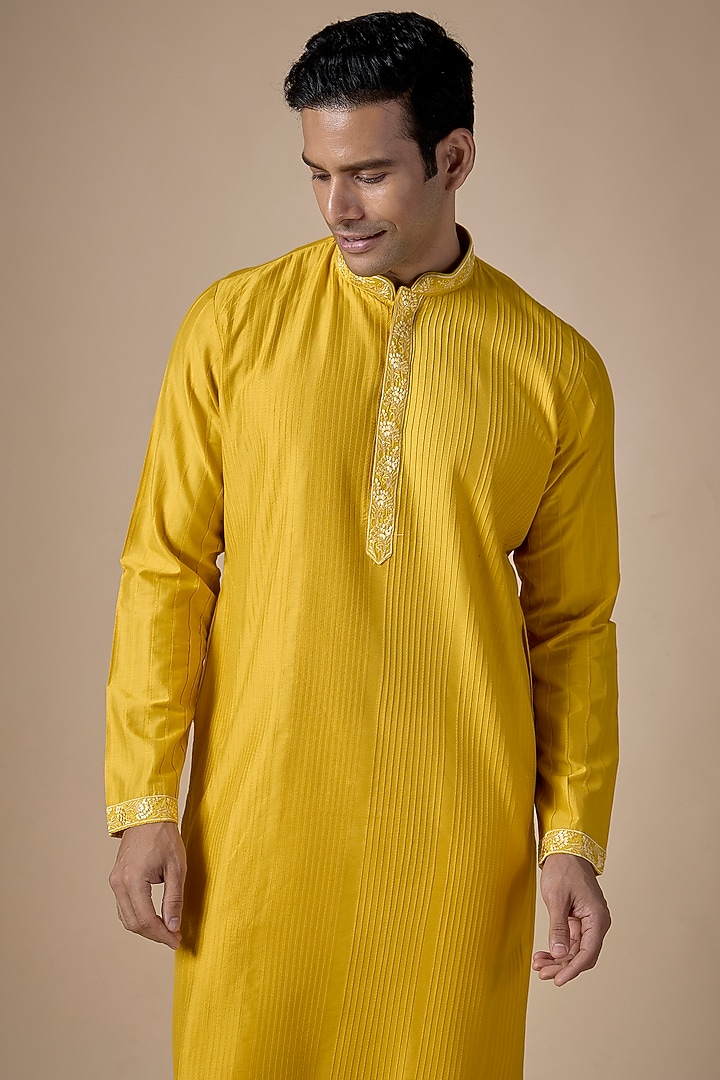 Yellow Art Silk Machine & Hand Embroidered Kurta Set by ALOUKIK at Pernia's Pop Up Shop