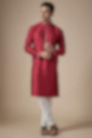 Red Art Silk Machine & Hand Embroidered Kurta Set by ALOUKIK at Pernia's Pop Up Shop