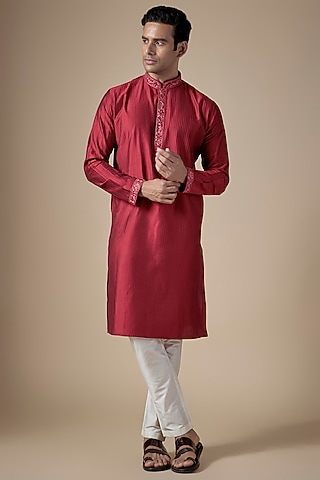 Red Art Silk Machine & Hand Embroidered Kurta Set by ALOUKIK