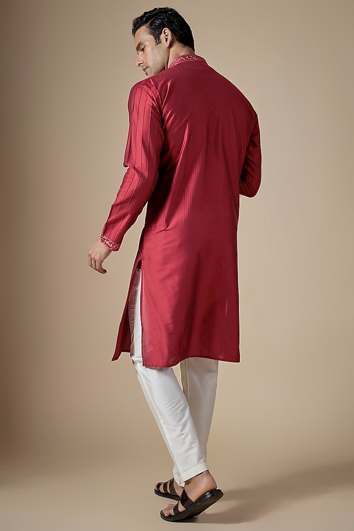 Red Art Silk Machine & Hand Embroidered Kurta Set by ALOUKIK at Pernia's Pop Up Shop