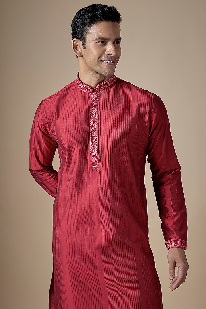 Red Art Silk Machine & Hand Embroidered Kurta Set by ALOUKIK at Pernia's Pop Up Shop