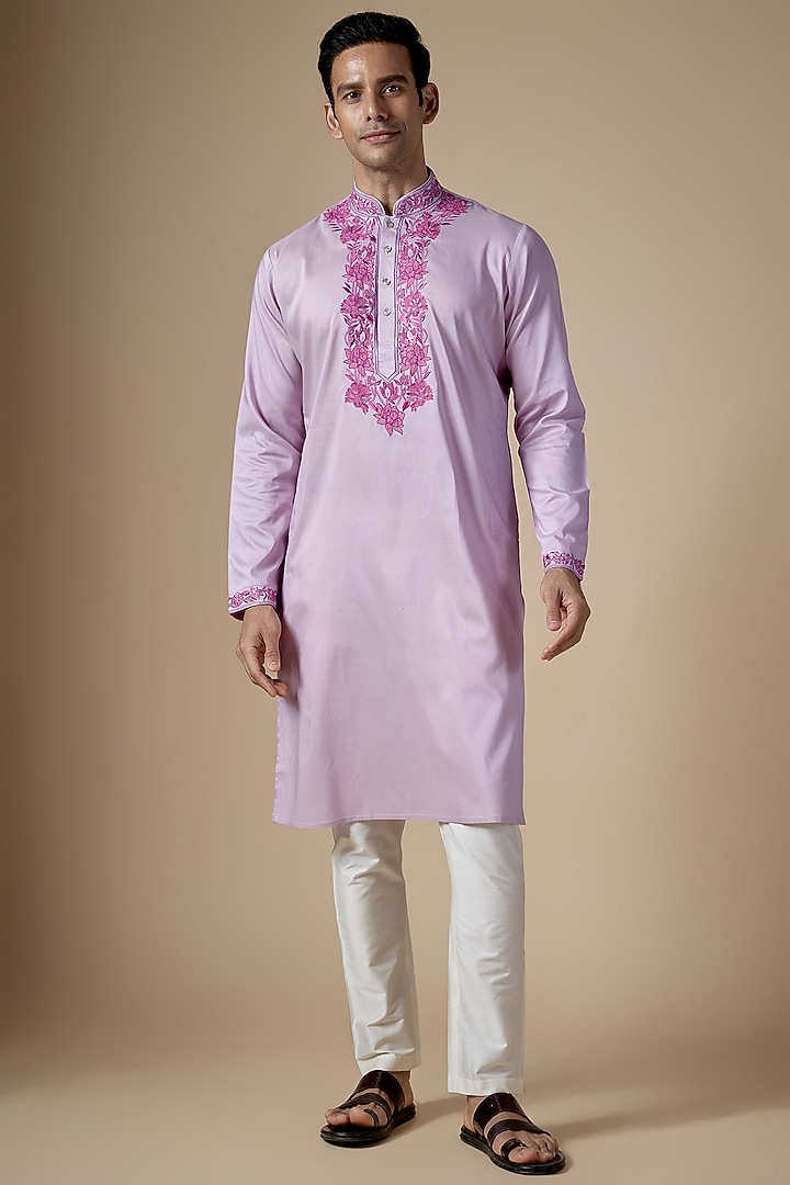 Lavender Art Silk Machine & Hand Embroidered Kurta Set by ALOUKIK at Pernia's Pop Up Shop