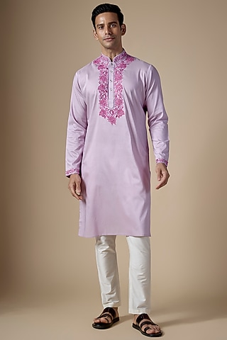Lavender Art Silk Machine & Hand Embroidered Kurta Set by ALOUKIK