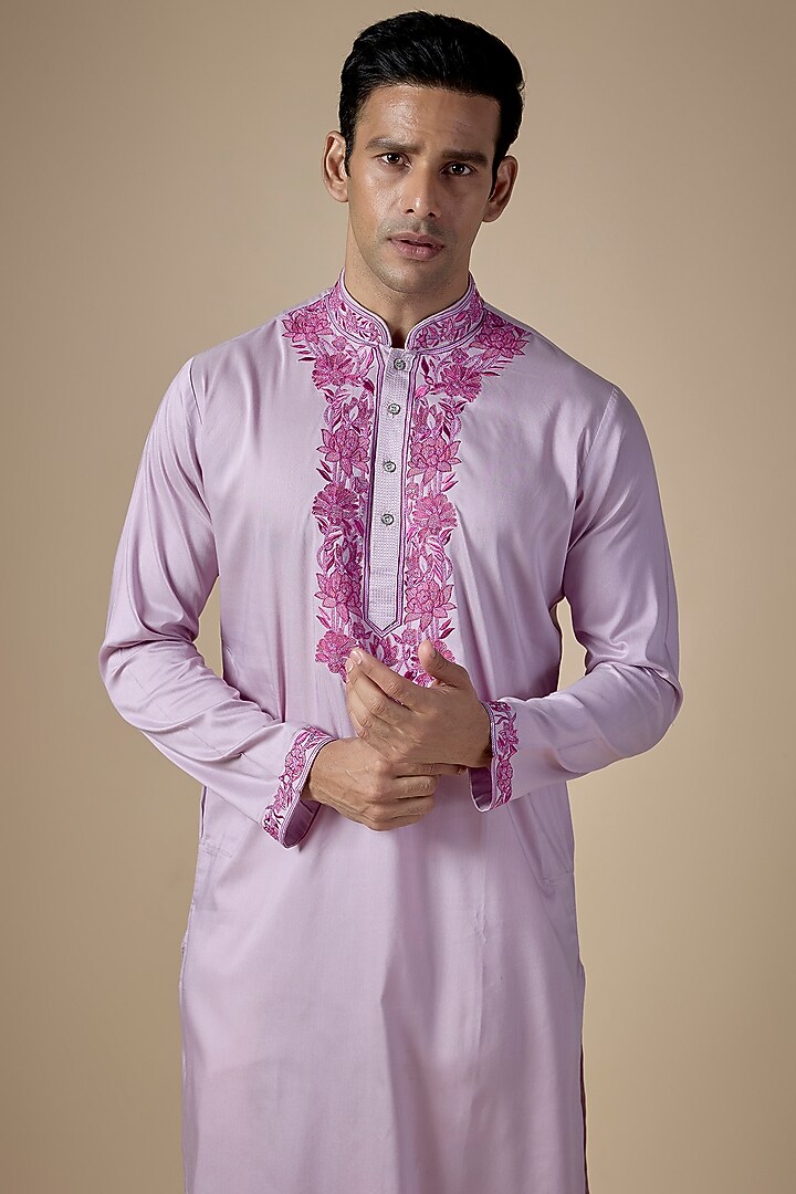 Lavender Art Silk Machine & Hand Embroidered Kurta Set by ALOUKIK at Pernia's Pop Up Shop