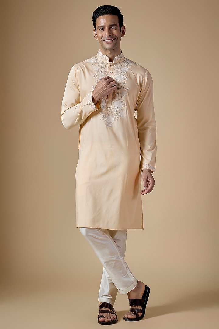 Beige Art Silk Machine & Hand Embroidered Kurta Set by ALOUKIK at Pernia's Pop Up Shop