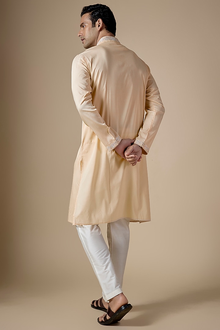 Beige Art Silk Machine & Hand Embroidered Kurta Set by ALOUKIK at Pernia's Pop Up Shop