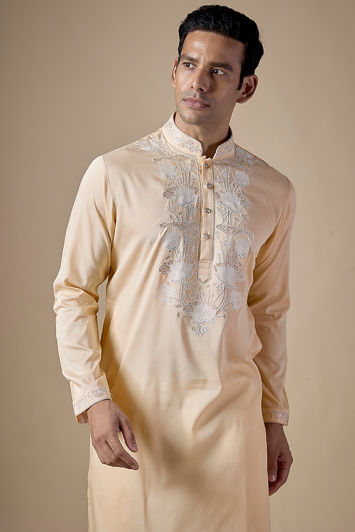 Beige Art Silk Machine & Hand Embroidered Kurta Set by ALOUKIK at Pernia's Pop Up Shop