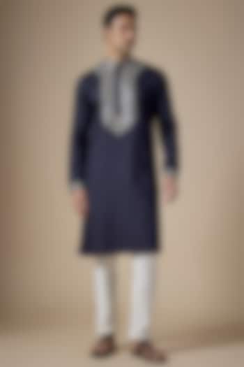 Navy Blue Art Silk Machine & Hand Embroidered Kurta Set by ALOUKIK at Pernia's Pop Up Shop