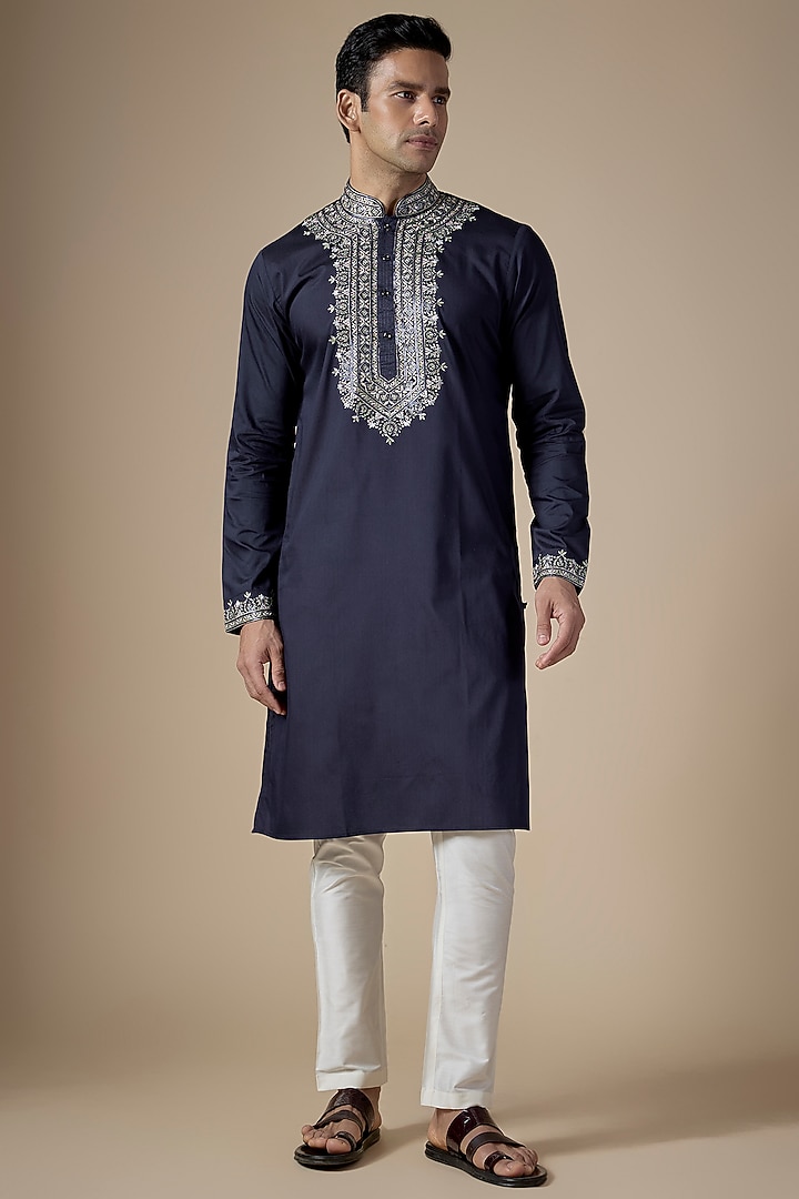 Navy Blue Art Silk Machine & Hand Embroidered Kurta Set by ALOUKIK at Pernia's Pop Up Shop