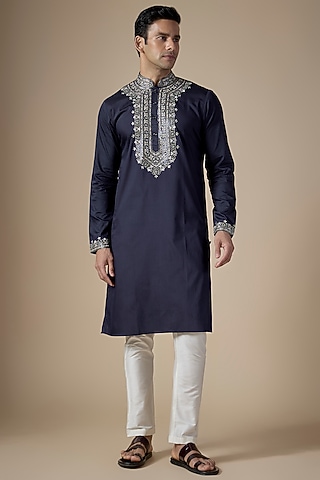 Navy Blue Art Silk Machine & Hand Embroidered Kurta Set by ALOUKIK