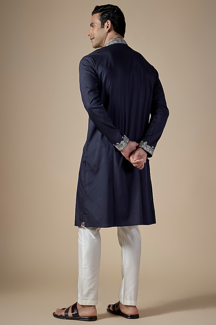 Navy Blue Art Silk Machine & Hand Embroidered Kurta Set by ALOUKIK at Pernia's Pop Up Shop