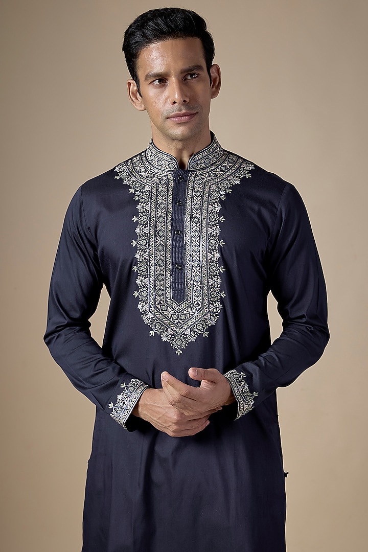 Navy Blue Art Silk Machine & Hand Embroidered Kurta Set by ALOUKIK at Pernia's Pop Up Shop