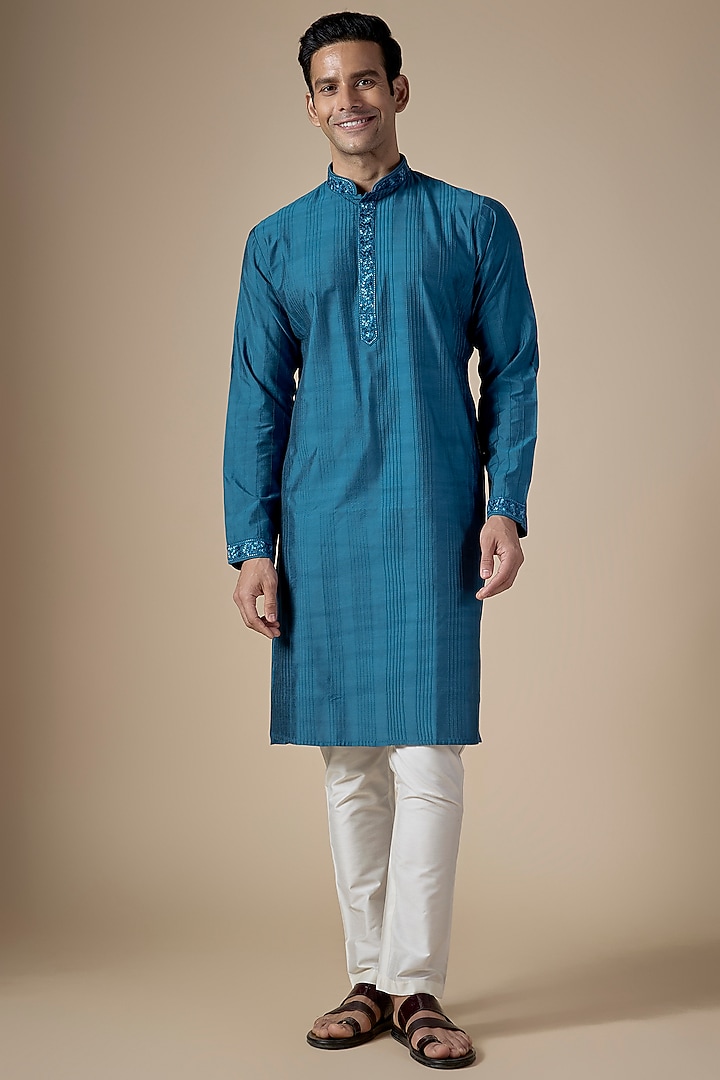 Indigo Art Silk Machine & Hand Embroidered Kurta Set by ALOUKIK at Pernia's Pop Up Shop