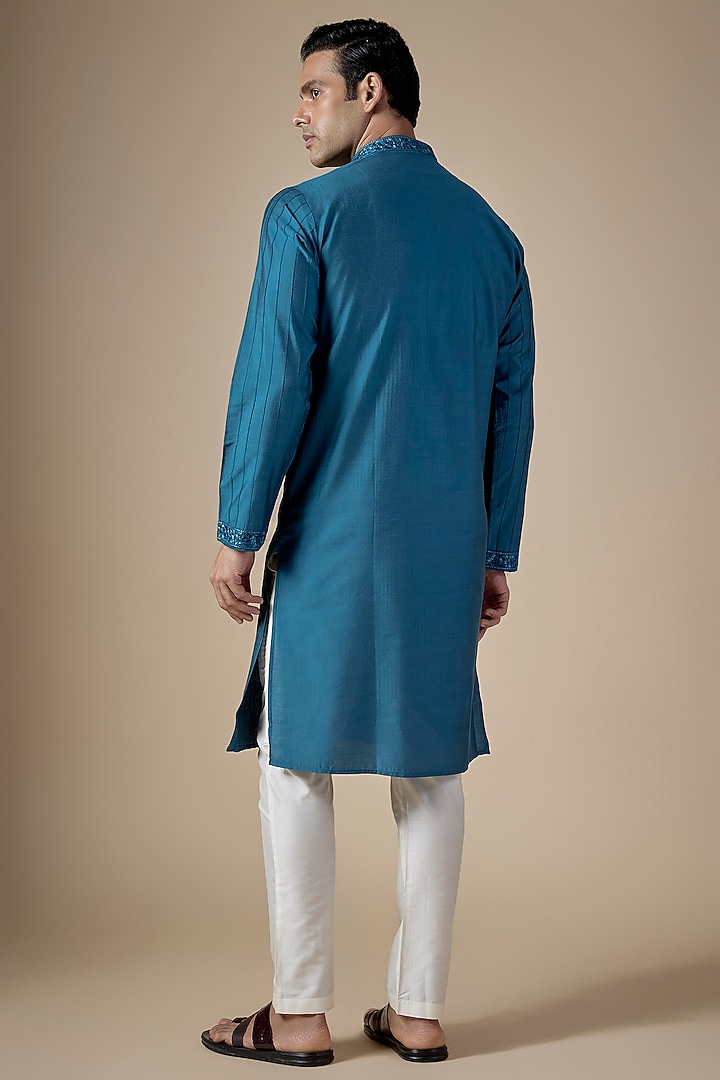 Indigo Art Silk Machine & Hand Embroidered Kurta Set by ALOUKIK at Pernia's Pop Up Shop