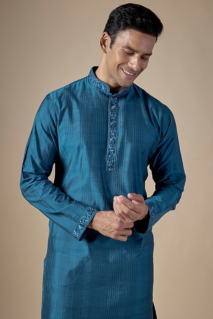 Indigo Art Silk Machine & Hand Embroidered Kurta Set by ALOUKIK at Pernia's Pop Up Shop