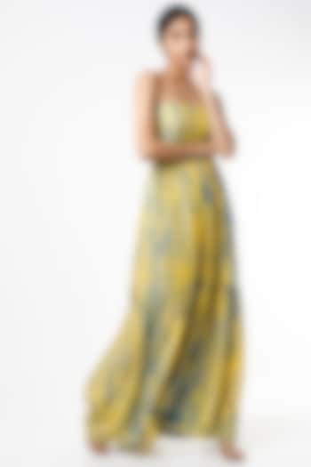 Yellow & Blue Shibori Tie-Dye Printed Layered Tube Dress by Alpa & Reena