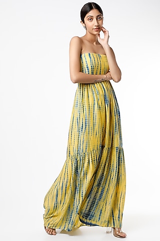 Yellow & Blue Shibori Tie-Dye Printed Layered Tube Dress by Alpa & Reena