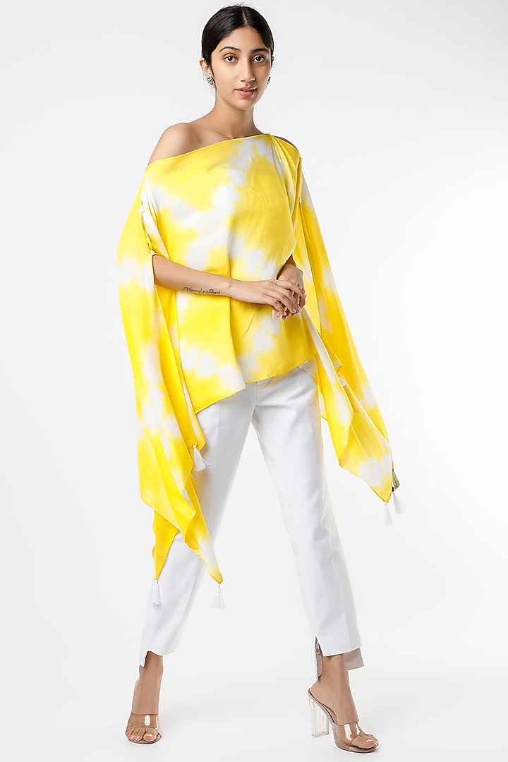 Yellow & White Tie-Dye Printed Cape With Tube Top by Alpa & Reena at Pernia's Pop Up Shop