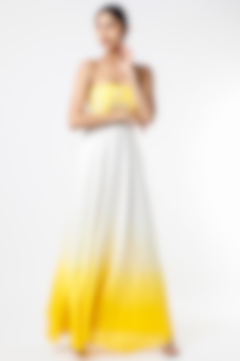 Yellow & White Tie-Dye Printed Backless Gown by Alpa & Reena