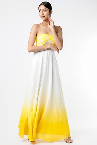 Yellow & White Tie-Dye Printed Backless Gown by Alpa & Reena