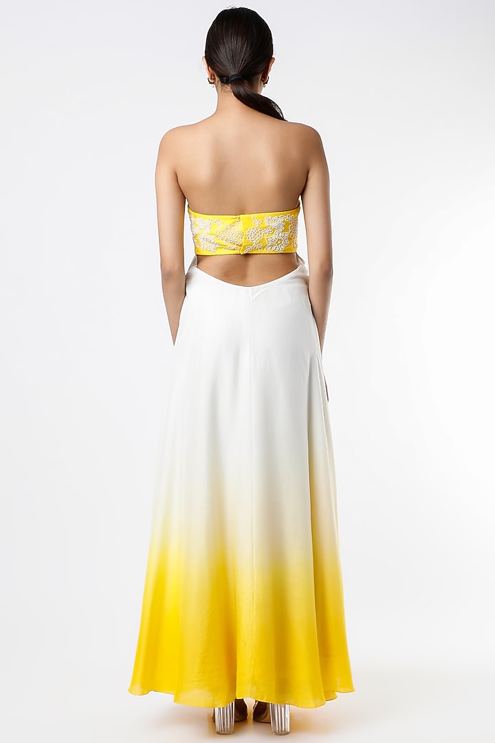 Yellow & White Tie-Dye Printed Backless Gown by Alpa & Reena at Pernia's Pop Up Shop